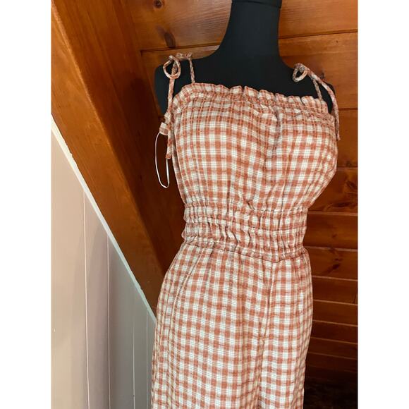 Sadie & Sage NWT Orange Gingham Plaid Open Back Smocked Wide leg Jumpsuit sz L - Picture 3 of 11